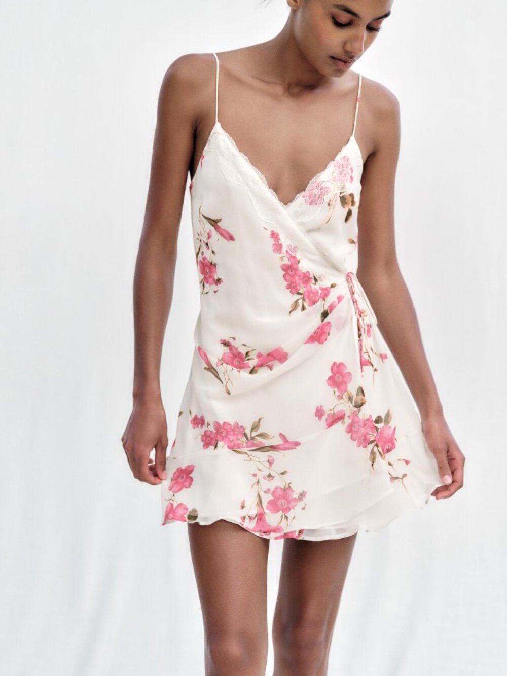 Zara summer dress white floral mini dress pink flowers lace trim small